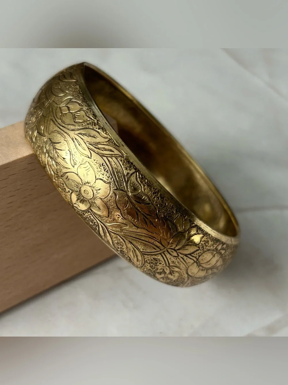Vintage Engraved Floral Gold-Tone Bangle Bracelet